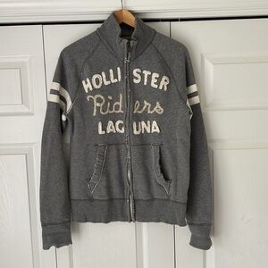 Hollister Riders Laguna Sweatshirt Zip Front Vintage Distressed Medium Gray Y2K